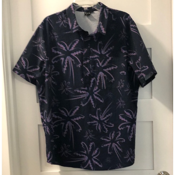 Oakley Hawiian shirt Men's XL Navy Purple Palm Tree Shirt seersucker polo EUC - Picture 13 of 13